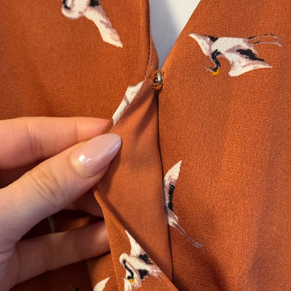 Silk Rust Bird Print Wrap blouse - Picture 4 of 6